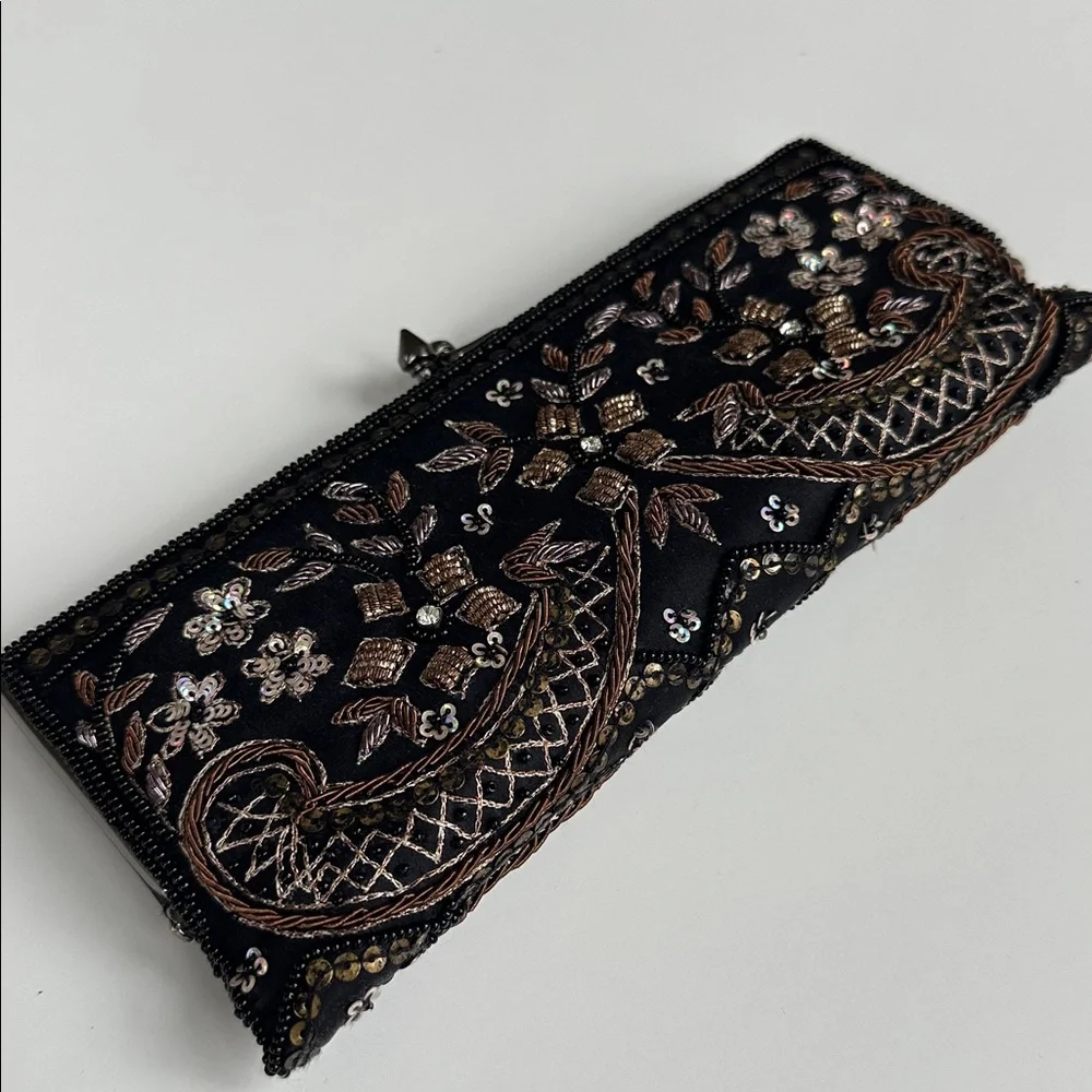 Moyna Embroidered Black Clutch 8.5”x 3.5 x 1” - Picture 2 of 7